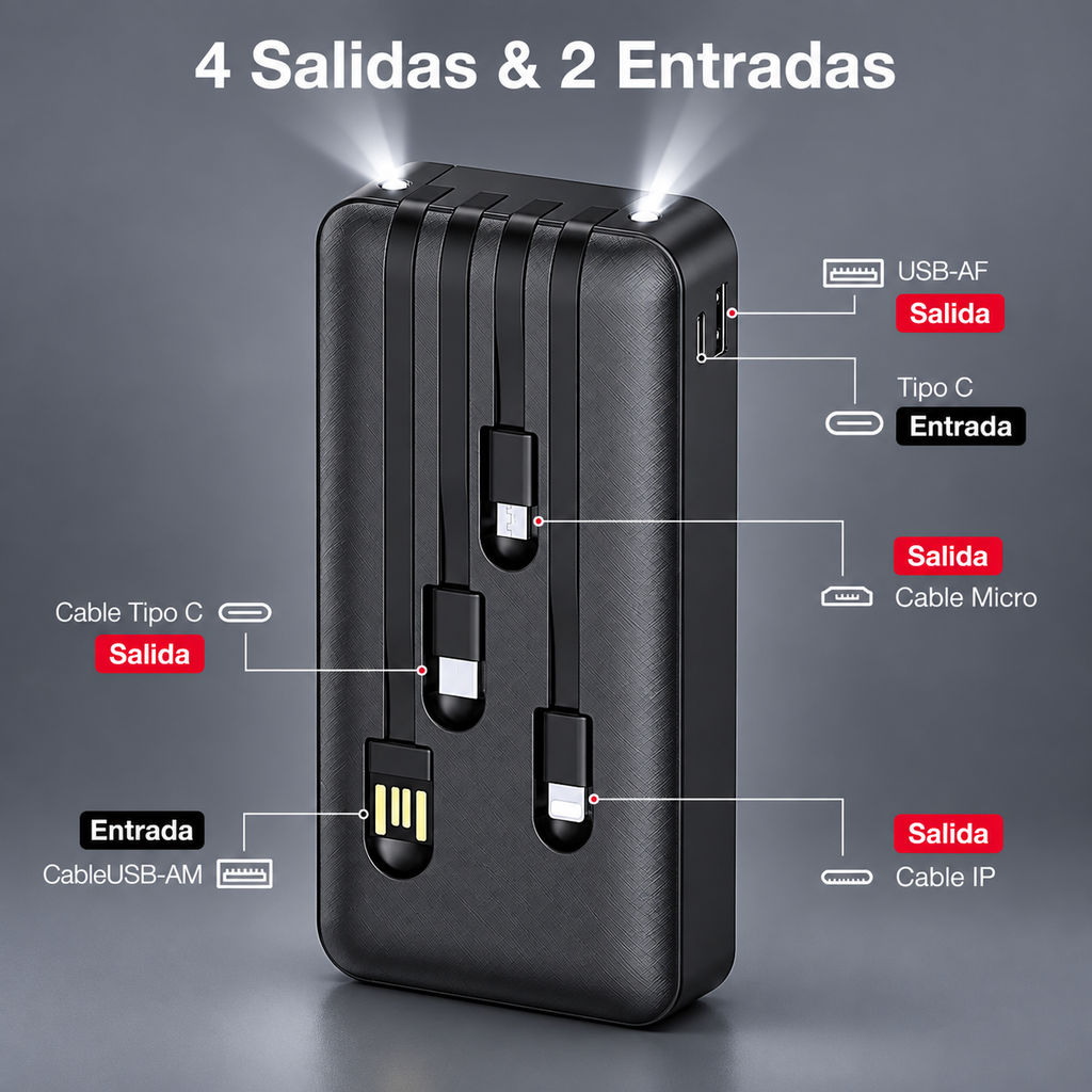Power Bank 1Hora 20,000mAh con Pantalla Digital y 4 Cables Integrados 🔋📱