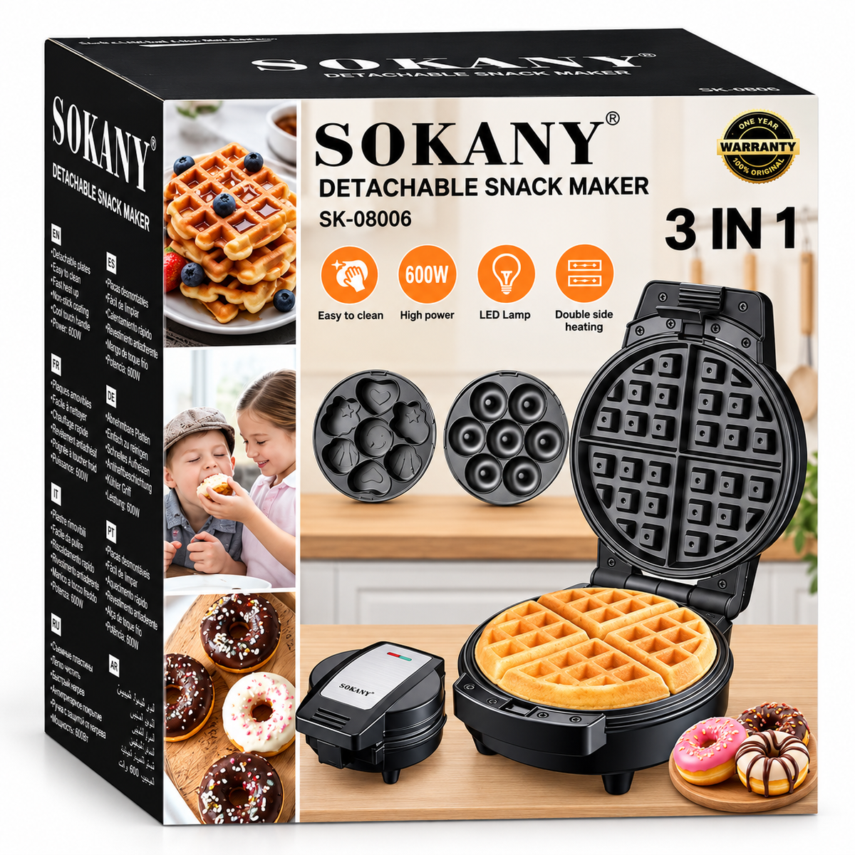 Máquina Multifuncional 3 en 1 Sokany para Gofres, Rosquillas y Panecillos (600W)