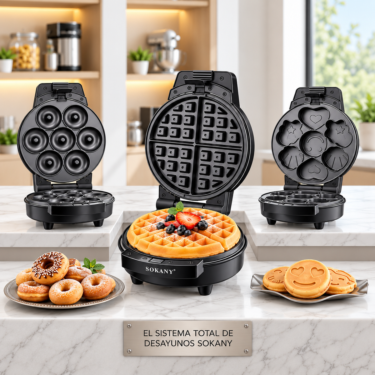 Máquina Multifuncional 3 en 1 Sokany para Gofres, Rosquillas y Panecillos (600W)