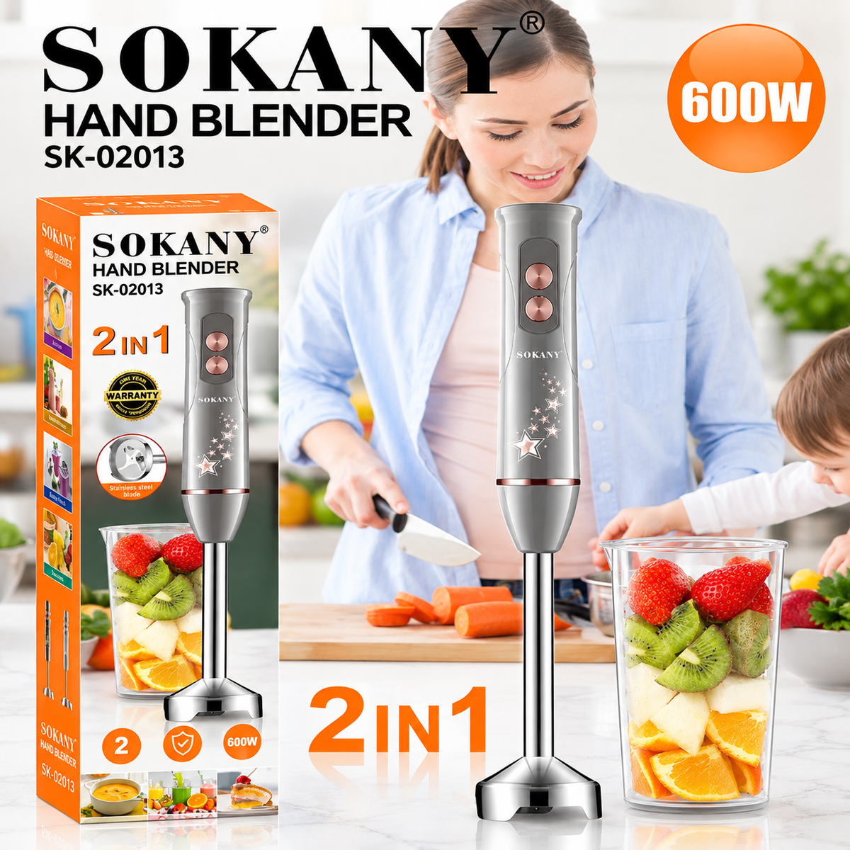 Licuadora de Mano Sokany SK-02013 (500W - 2 en 1)