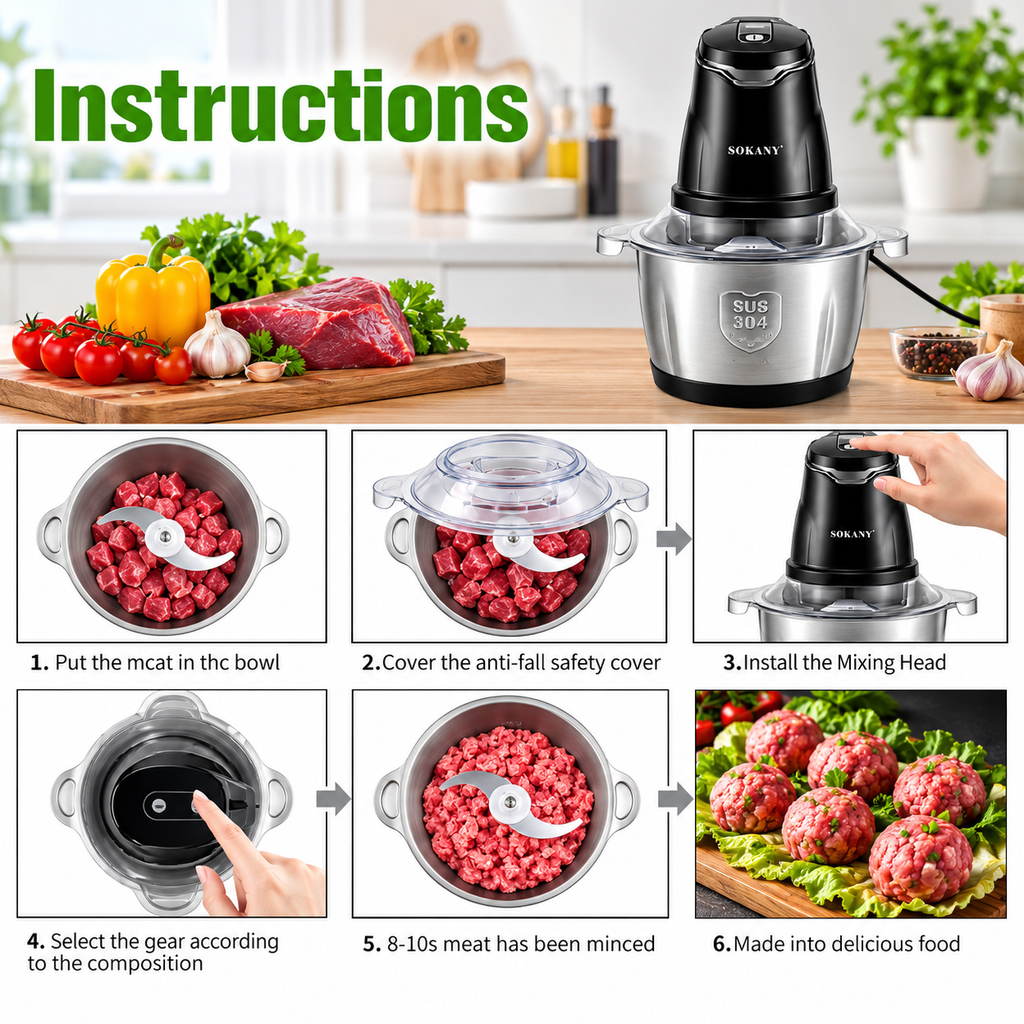 Procesador de Alimentos y Picatodo Sokany de 2L (800W) - Acero Inoxidable