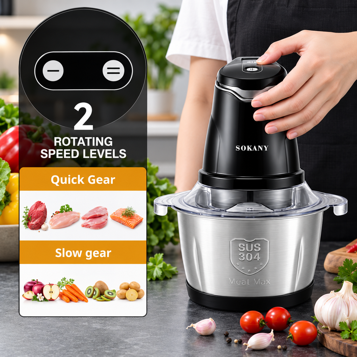 Procesador de Alimentos y Picatodo Sokany de 2L (800W) - Acero Inoxidable