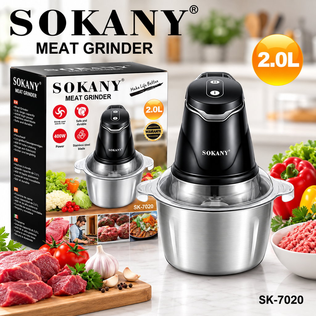 Procesador de Alimentos y Picatodo Sokany de 2L (800W) - Acero Inoxidable