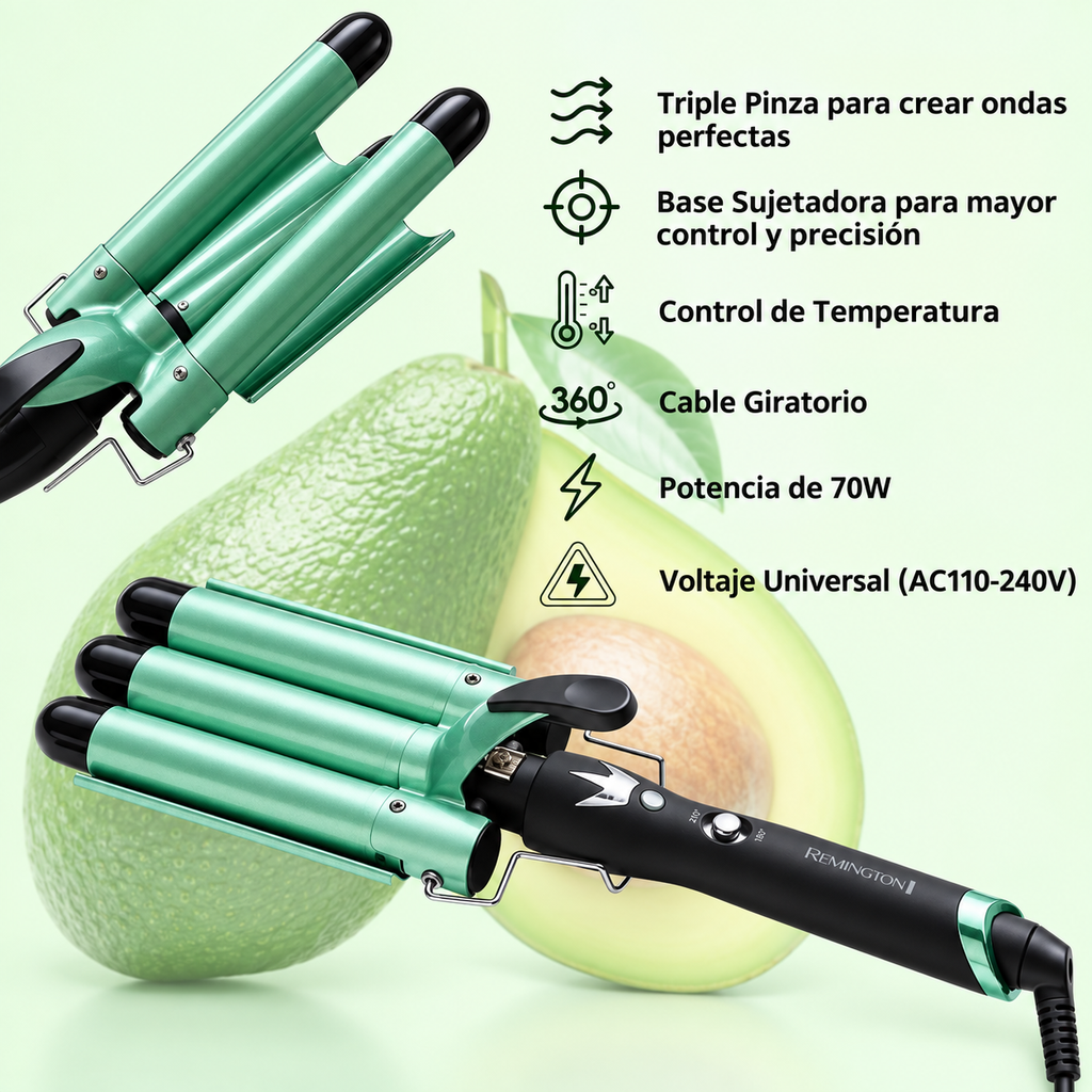 Combo Set de Belleza Aguacate: Cepillo Secador + Pinza Sirena 3 Tubos 🥑✨