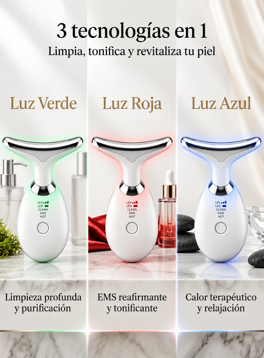 Masajeador Facial y de Cuello 3 en 1 con Luz LED e Iones – Efecto Lifting Profesional