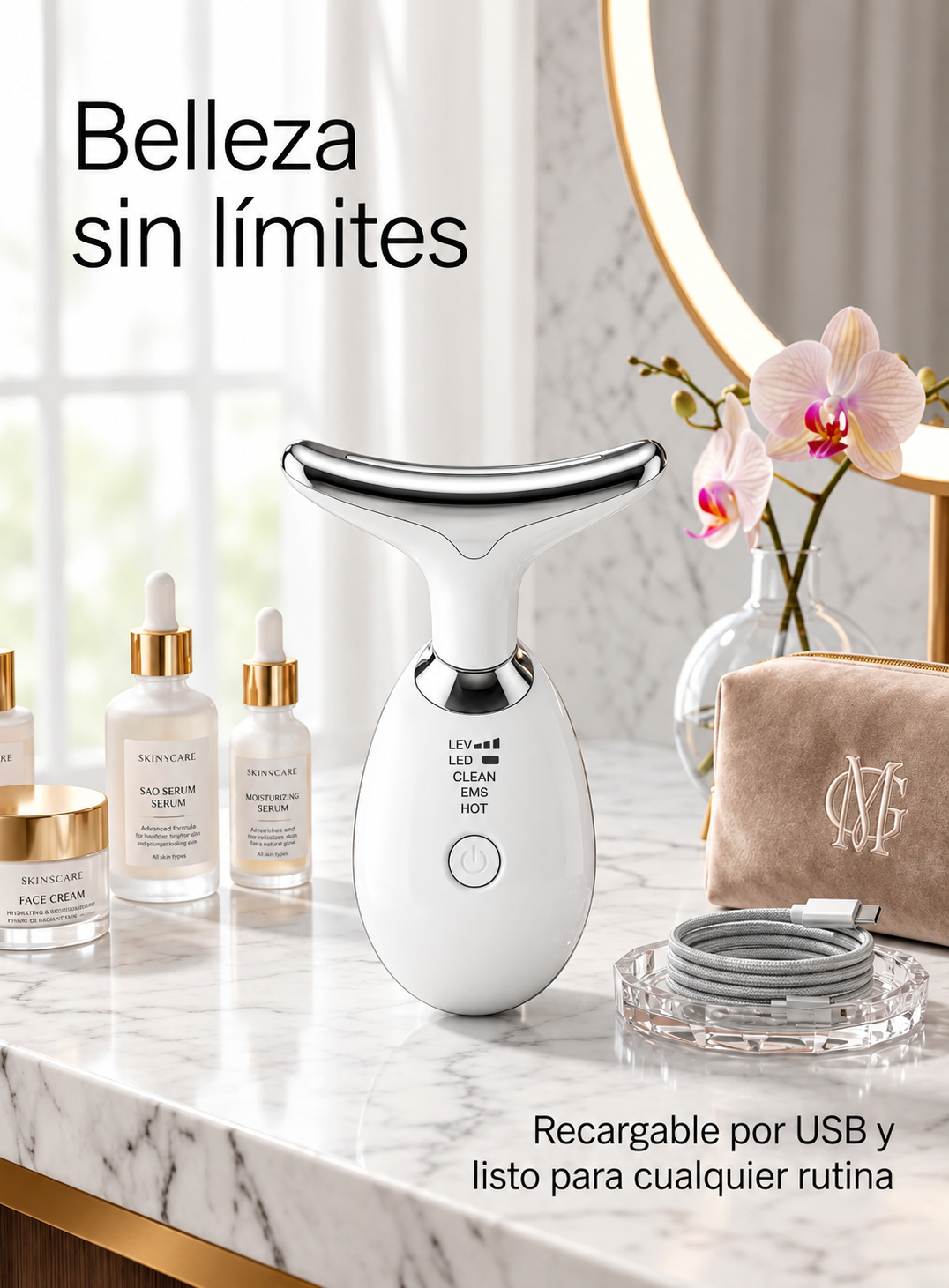 Masajeador Facial y de Cuello 3 en 1 con Luz LED e Iones – Efecto Lifting Profesional
