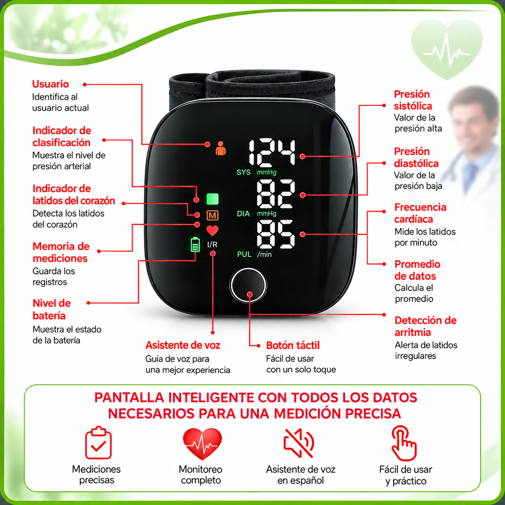 Monitor Digital de Presión Arterial Automático Recargable de Muñeca