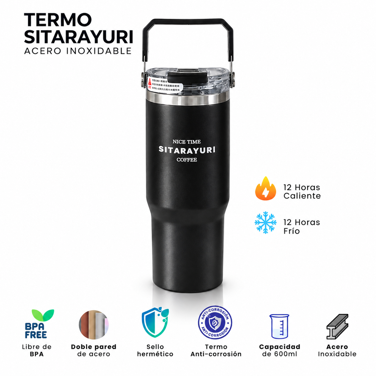 Termo de Acero Inoxidable Sitarayuri 600 ml – Estilo, Calidad y Rendimiento ☕✨