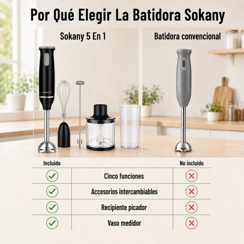 Batidora de Mano Inmersión Sokany 5 en 1 | Licuadora, Picadora y Procesadora (800W)