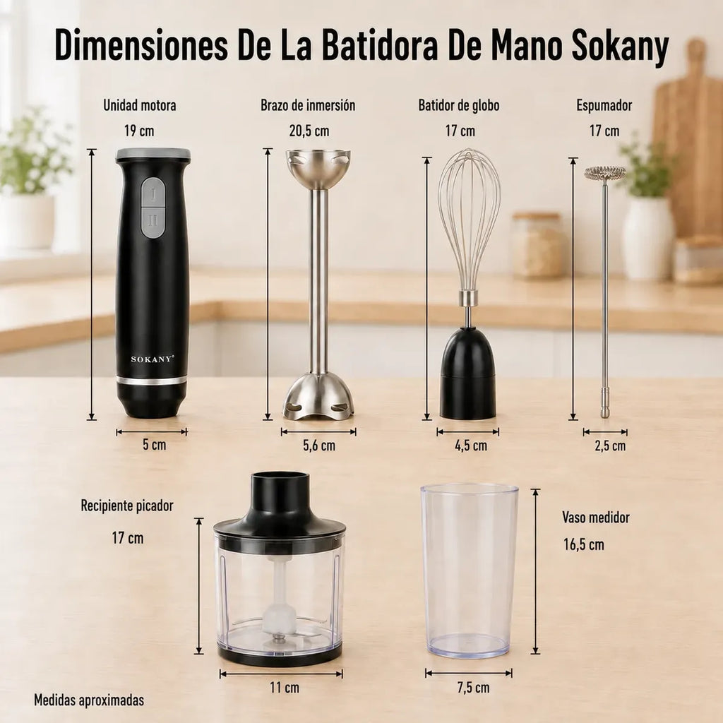 Batidora de Mano Inmersión Sokany 5 en 1 | Licuadora, Picadora y Procesadora (800W)