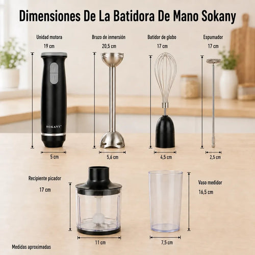 Batidora de Mano Inmersión Sokany 5 en 1 | Licuadora, Picadora y Procesadora (800W)