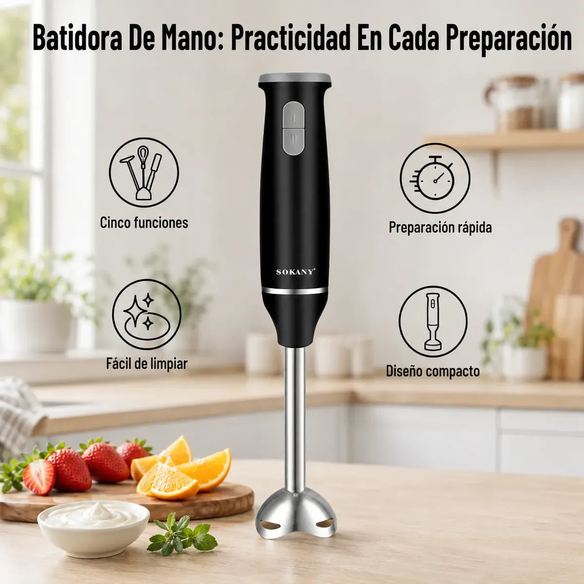 Batidora de Mano Inmersión Sokany 5 en 1 | Licuadora, Picadora y Procesadora (800W)